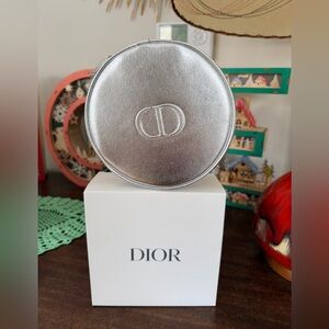 Dior Silver Round Cosmetic Case in Box. Zipper pull sealed. GWP. NIB